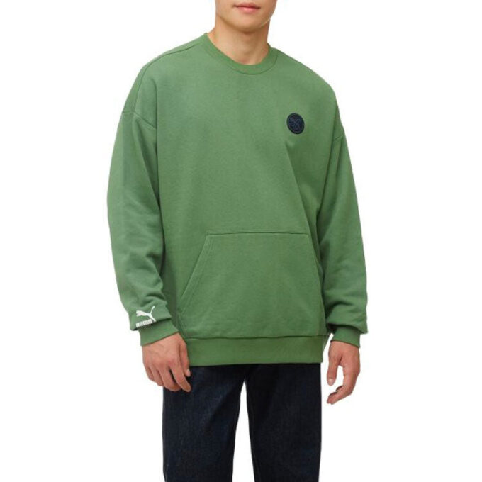 Düz Renkli Logo Yuvarlak Yaka Kazak Uzun Kollu Unisex Yeşil