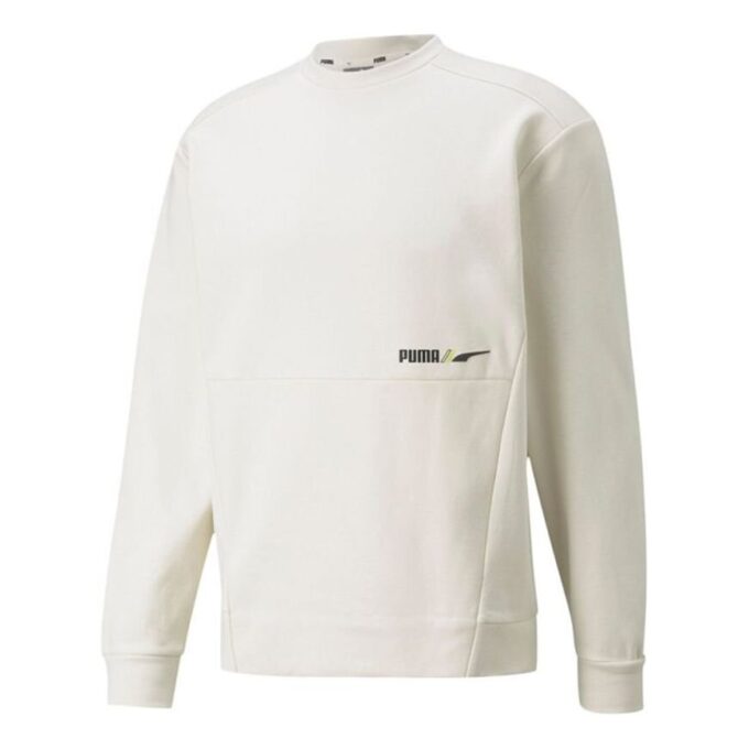 Erkek PUMA Winterized Crew Logo Düz Renk Polar Astarlı Spor Örgü Yuvarlak Yaka Kazak Beyaz