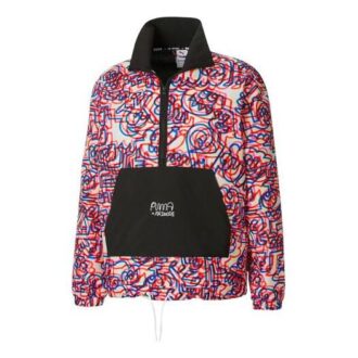 PUMA x Mr Doodle Crossover Graffiti Baskılı Kontrast Renkler Hırka Dik Yaka Ceket Kırmızı