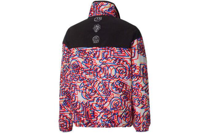 PUMA x Mr Doodle Crossover Graffiti Baskılı Kontrast Renkler Hırka Dik Yaka Ceket Kırmızı