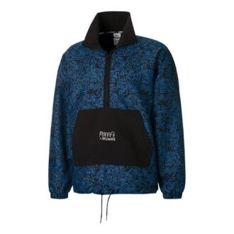 PUMA x Mr Doodle Crossover Graffiti Baskılı Kontrast Renkler Hırka Dik Yaka Ceket Mavi