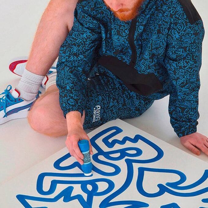 PUMA x Mr Doodle Crossover Graffiti Baskılı Kontrast Renkler Hırka Dik Yaka Ceket Mavi
