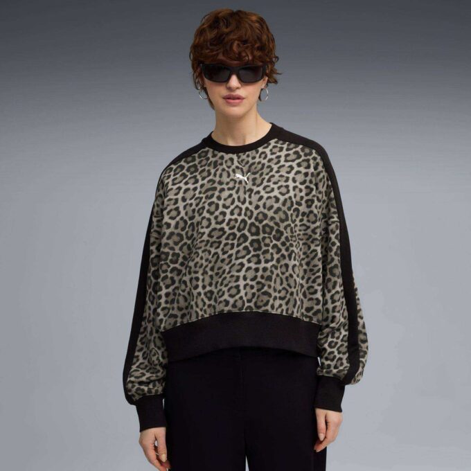 T7 Leopar Lüks Kadın Hayvan Baskılı Yuvarlak Yaka Sweatshirt