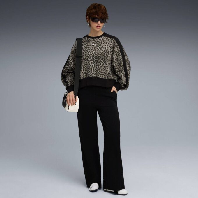 T7 Leopar Lüks Kadın Hayvan Baskılı Yuvarlak Yaka Sweatshirt