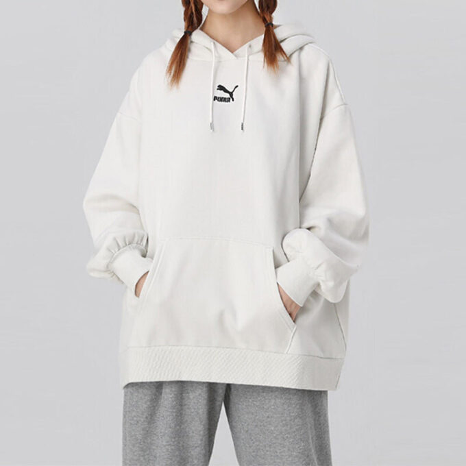 (WMNS) Klasik Büyük Boy Logo Baskılı Artı Polar Sıcak Tutan Kapüşonlu Gri